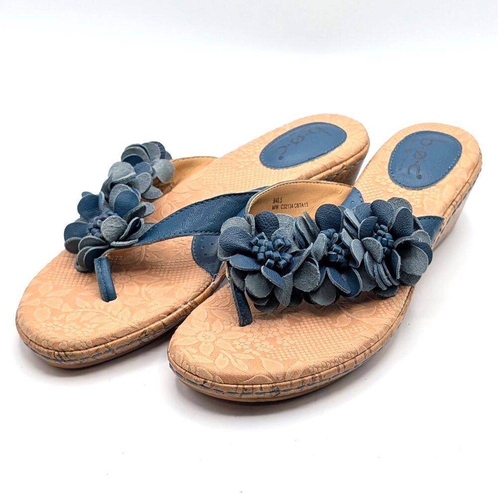 BoC Born Concept Blue Leather Floral Wedge Thong Sandal Women's Size 9